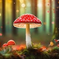 render of fly agaric mushroom in a forest with bokeh abstract background with bokeh lights and