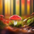 render of fly agaric mushroom in a forest with bokeh abstract background with bokeh lights and