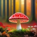 render of fly agaric mushroom in a forest with bokeh abstract background with bokeh lights and