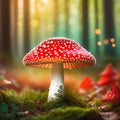 render of fly agaric mushroom in a forest with bokeh abstract background with bokeh lights and