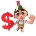 3d Funny cartoon Roman soldier centurion character holding a US Dollar currency symbol Royalty Free Stock Photo