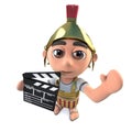3d Funny cartoon Roman soldier centurion holding a film makers chalk slate