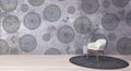 Modern room interior with armchair, unique wall paper and round carpet, 3d rendering, 3d illustration