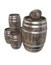 Render of group old dark wood barrel. White background. Shadows. Clipping path Royalty Free Stock Photo