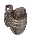 Render of group old dark wood barrel. White background. Shadows. Clipping path