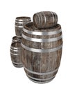 Render of group old dark wood barrel. White background. Shadows. Clipping path