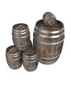 Render of group old dark wood barrel. White background. Shadows. Clipping path Royalty Free Stock Photo