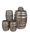 Render of group old dark wood barrel. White background. Shadows. Clipping path Royalty Free Stock Photo