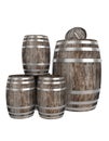 Render of group old dark wood barrel. White background. Shadows. Clipping path Royalty Free Stock Photo