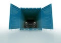 Render illustration of a car inside of a blue container isolated Royalty Free Stock Photo