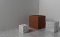 Render of three stone cubes in a light studio. Marble and granite.