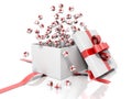 Render of a white gift box with a red ribbon throwing little gift boxes