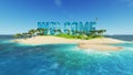 render word welcome made of sand on tropical paradise island with palm trees an sun tents. Summer vacation tour concept.