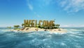 render word welcome made of sand on tropical paradise island with palm trees an sun tents. Summer vacation tour concept. Royalty Free Stock Photo