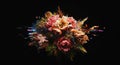 A vibrant floral bouquet is corrupted by intense digital glitch effects on a black background Royalty Free Stock Photo