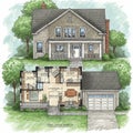 Rendered architectural drawing of a split-level house featuring a Royalty Free Stock Photo