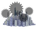 Rendered 3d city skyline with teamwork gears