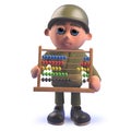 Cartoon army soldier character holding an abacus in 3d