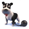 Black and white puppy dog in 3d punished with a ball and chain