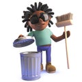 Cartoon 3d black African dreadlocked man with trash can and broom