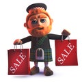 Cartoon Scots man in 3d wearing a kilt and holding shopping sale bags