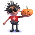 Cartoon vicious 3d punk rock character holding a Halloween pumpkin