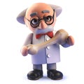Crazy mad scientist character holding a fossil bone in 3d