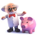 3d crazy mad scientist professor with a big pink piggy bank