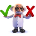 3d mad scientist cartoon character holding a cross and tick Royalty Free Stock Photo