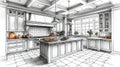 Rendered design of a detailed classic American kitchen interior layout Royalty Free Stock Photo