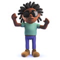 Black African dreadlocked cartoon character male in 3d with his arms in the air