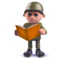 Cartoon army soldier character reading a book in 3d