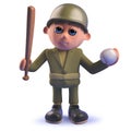 Cartoon army soldier in 3d holding a baseball bat and ball