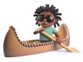 Cartoon black rastafarian man rowing a kayak canoe, 3d illustration