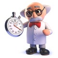 Cartoon 3d mad scientist character holding a stopwatch