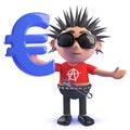 Cartoon 3d vicious punk rocker holding a Euro currency symbol