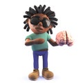 Cartoon dreadlocked black man holding a human brain, 3d illustration