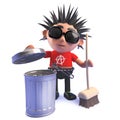 Cartoon punk rocker in 3d cleaning with a broom and trash can Royalty Free Stock Photo