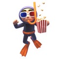 Cartoon scuba snorkel diver in 3d eating popcorn and wearing 3d glasses