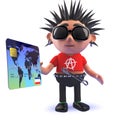 Cartoon vicious punk rocker paying with a debit card, 3d illustration