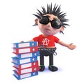 Cartoon vicious punk rocker standing next to a stack of folders, 3d illustration