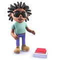 Cool cartoon black rastafarian character looking at a button, 3d illustration