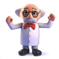 Crazy mad scientist characte in 3d waving his arms and cheering