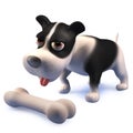 Black and white puppy dog cartoon character in 3d sniffing a juicy bone