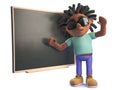 3d cartoon black man with dreadlocks teaching at a blackboard