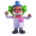 Cartoon 3d mad scientist character dressed as a clown with a red nose