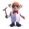 Cartoon 3d mad scientist geologist character holding an archaelogy hammer Royalty Free Stock Photo