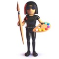 3d cartoon gothic girl wearing a latex catsuit and holding a paintbrush and palette