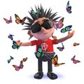 3d cartoon punk rocker surrounded by butterflies