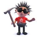 3d cartoon rotten punk rock character holding a hammer